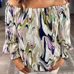 VINE & LOVE GIVE IT A TWIRL OFF-SHOULDER TOP (S-L)
